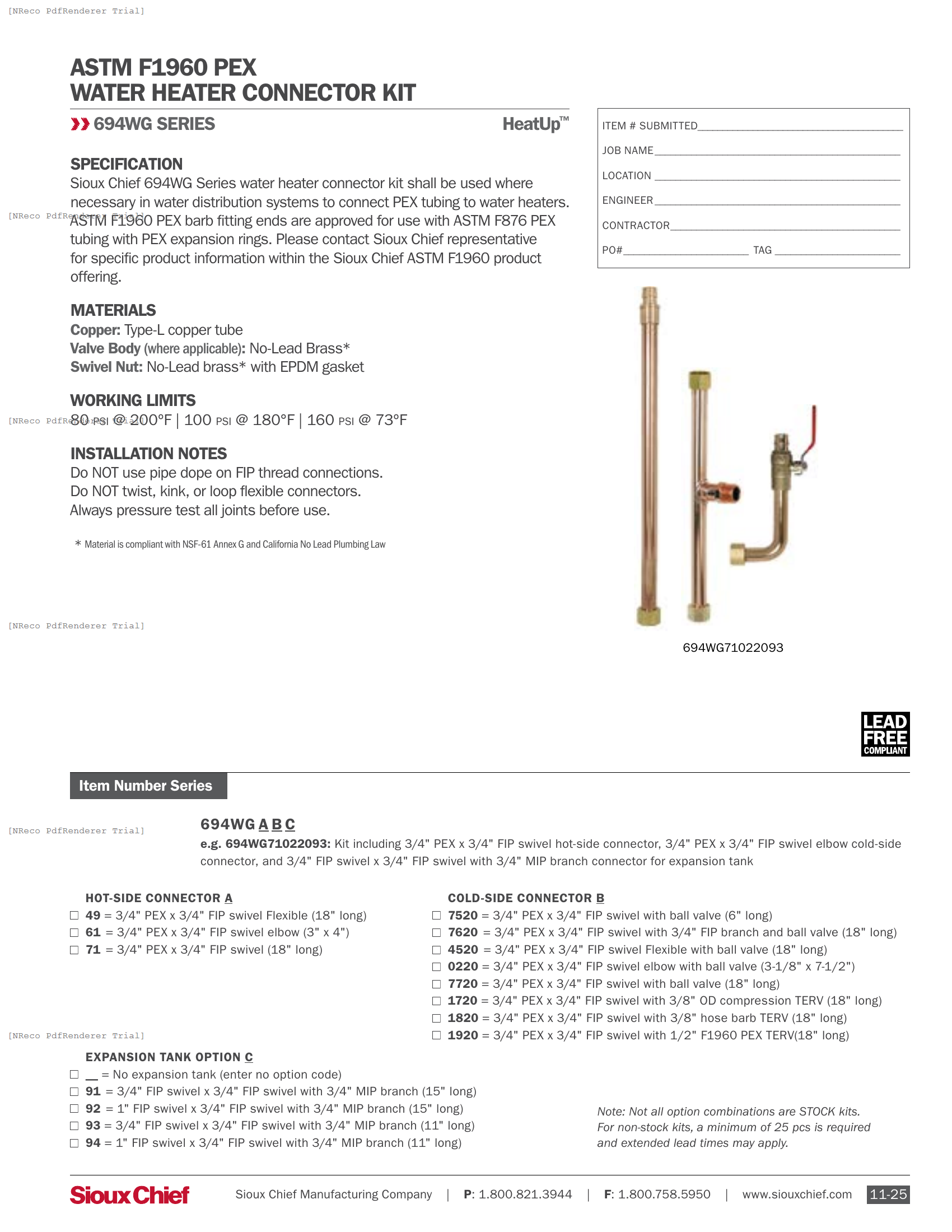 694WG SERIES - F1960 WATER HEATER CONNECTOR KIT - SPEC SHEET.PDF Specification Document